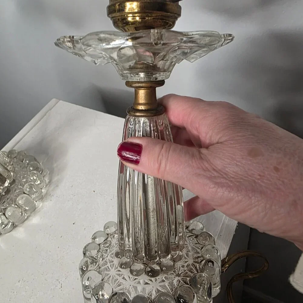 Vintage Boudoir Set of Two Clear Glass Table Lamps
